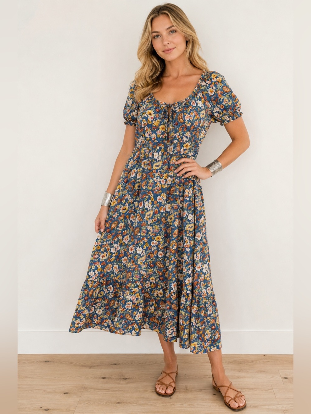 BloomChic Blue Floral Paisley Maxi Dress with Orange and Cream Accents